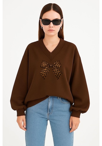 Benroma Kurdela Baskılı Ünisex V Yaka Sweatshirt Kahverengi