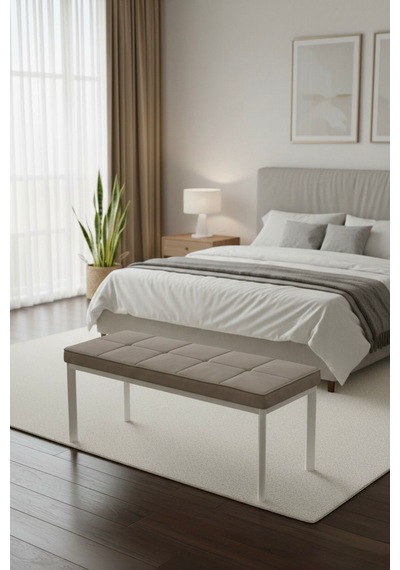 Vena 105x40 Bench - Babyface Kumaş Çımalı Döşeme Puf Bench Beyaz Ayaklı Cappuccino