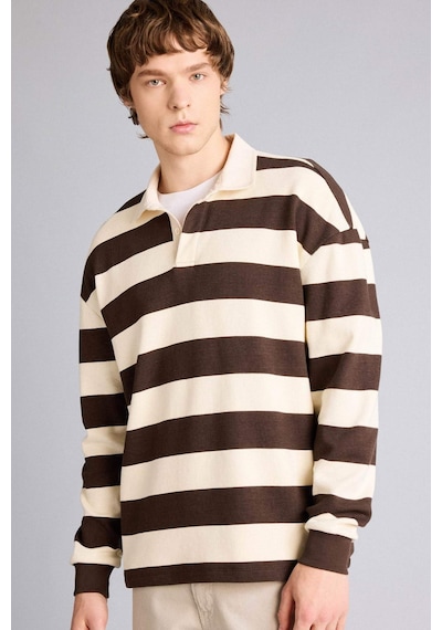Defacto - Boxy Fıt Polo Yaka Waffle Sweatshirt E8440AX25AU Kahve