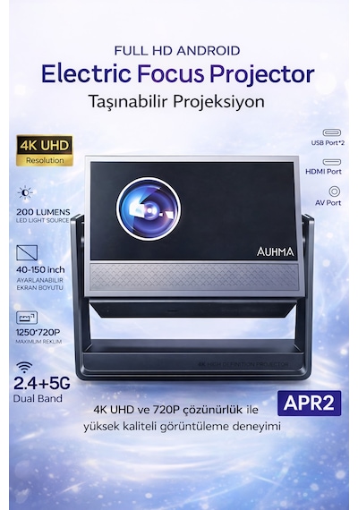 Android 4k Destekli Taşınabilir Projeksiyon Cihazı Electric Focus 200 Lumen Wifi 2.4g/5g 150 İnç