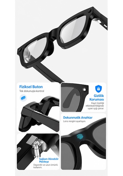 Yapay Zeka Destekli Akıllı Gözlük 8 Mp Kamera, 1080p Full Hd Video, Bluetooth, 4 Kademeli Elektrokromik Lens, Fotoğraf Ve Video Çekimi, Siyah