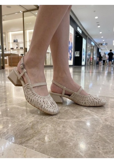 Nesilshoes Nesil Shoes Pine 2023 Bej Topuklu Örgü Kadın Sandalet