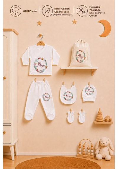Pia Baby İsme Özel Kız Bebek Hastane Çıkışı 6 Parça Zıbın Takımı %100 Pamuk Organik Baskılı Kız Bebek Hediyesi 1017zk0x Ekru