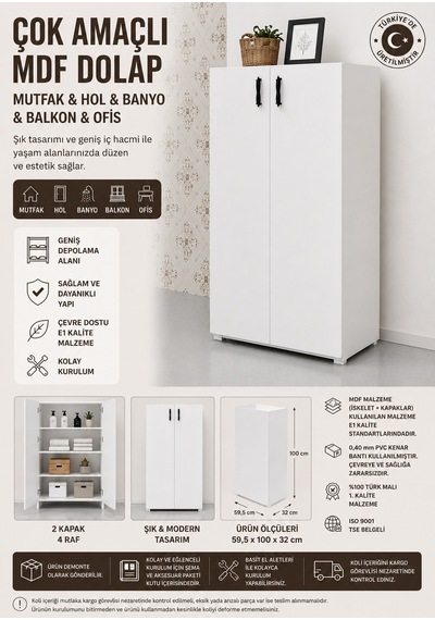 Renazzo %100 Mdf Çok Amaçlı Dolap Mutfak Banyo Balkon Antre Beyaz