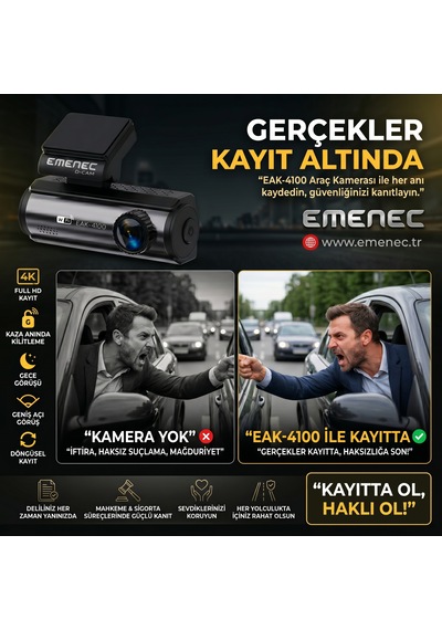 Emenec Eak-4100 4k Ultra Hd Akıllı Çift Araç İçi Kameras Seti - Türkçe Menü Ve Uygulama, Gps, Wi-fi, Park Modu + 64gb Kart