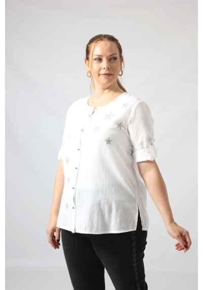 Moda Berray 3294 Beyaz Yıldız Baskılı Organik Keten Kumaş Mevsimlik Gömlek Beyaz