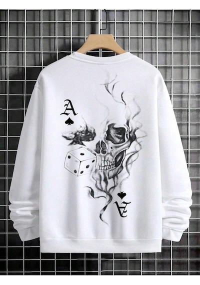 Startmore Extended Sizes Plus Playing Card & Skull Print Drop Shoulder Sweatshirt Beyaz Beyaz
