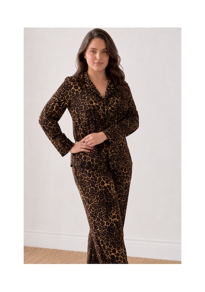 Fit Women Kadın Rahat Desenli Düğmeli Kahve Pijama Takımı 827 Kahverengi
