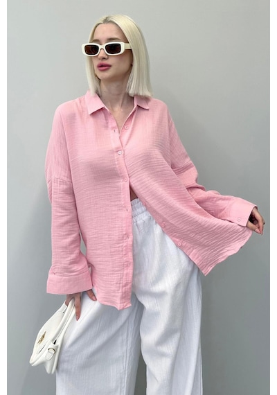 Madmext Pembe Muslin Kumaş Basic Kadın Gömlek Mg1660 Pembe