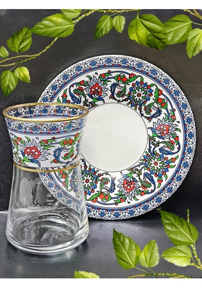 Heybeli Altın Bitkisel Çini Model 6 Kişilk Çay Seti Çok Renkli