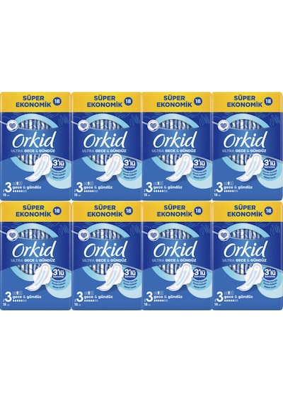 Orkid Ultra Hijyenik Ped 3 Numara Gece&Gündüz 18'Li 8 Adet