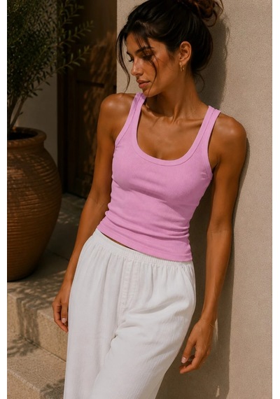 Bb Butik Basic Soft Cotton Fitilli Pamuk Basic Atlet Vücuda Oturan Kalıp Md3571 Pembe