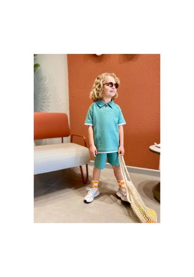 Süslü Kids Erkek Çocuk Waffle Kumaş Polo Yaka Şortlu Takım Yeşil
