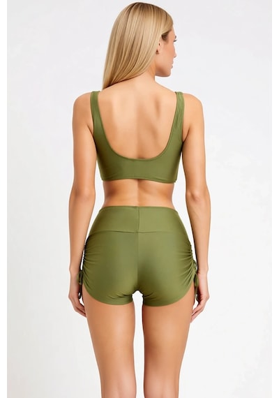 Benerly Kadın Şort Bikini Takımı V Yaka Kolsuz Bralette Üst Yüksek Bel Dü Haki