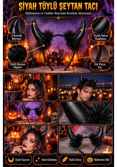 Halloween Cadılar Bayramı Siyah Saten Tüylü Şeytan Boynuzlu Taç Parti Ve Kostüm Saç Aksesuarı