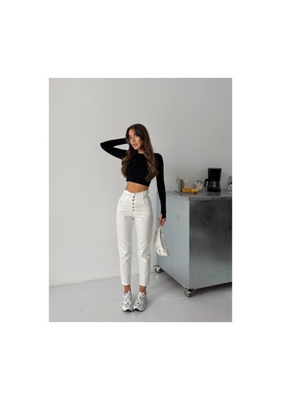 Blue Marlın Kadın Beyaz Patlet Düğmeli Kemer Büzgülü Mom Jeans Beyaz