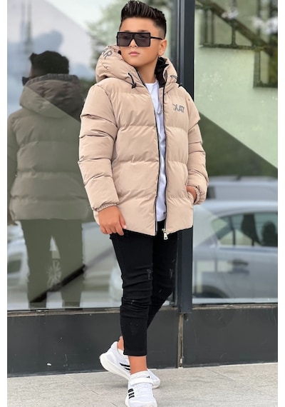 Pina Kids Erkek Çocuk Kapüşonlu Baskılı Reflöktör Detaylı Nova Kumaş Kışlık Şişme Mont Km4017 Bej