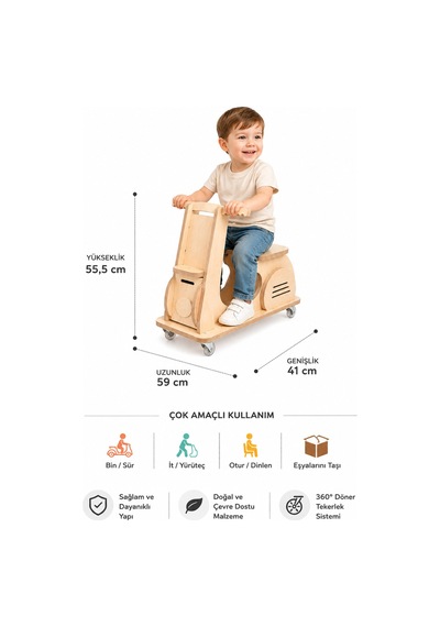 Ahşap Montessori Çocuk Scooter İlk Adım Yürüteci Binilebilir Tekerlekli Oyuncak