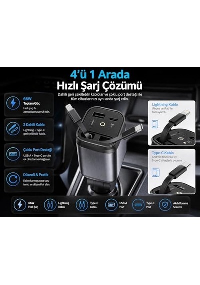 66w Hızlı Araç Şarj Cihazı, 4 Ü 1 Arada Geri Çekilebilir Kablolu Araç İçi Şarj Adaptörü, Lightning + Type-c Kablo, Usb-a Ve Usb-c Port, 12v/24v Çakmaklık Uyumlu
