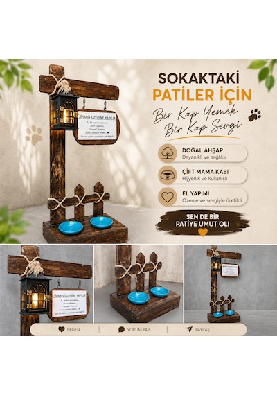 Ahşap Kedi&köpek Mama Su Aydınlatmalı 1 Adet