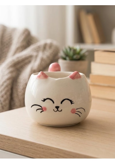Uyuyan Kedi Kupa 3d Kabartmalı El Yapımı Krem Parlak Kupa - El İşçiliği 3d Hediyelik Kupa Diğer
