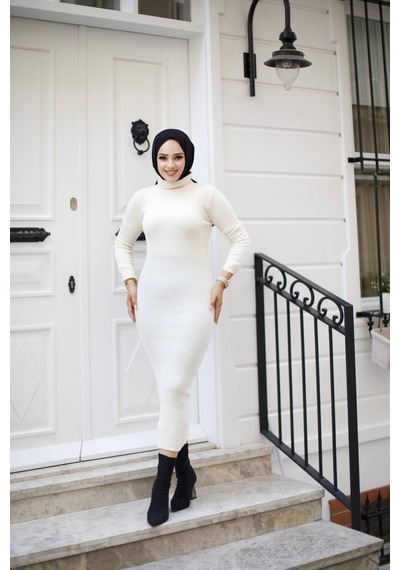 Hira Life Fashion Kadın Elbise Tesettür Giyim Balıkçı Yaka Ve Dar Kesim Triko Kalem Elbise Krem Krem