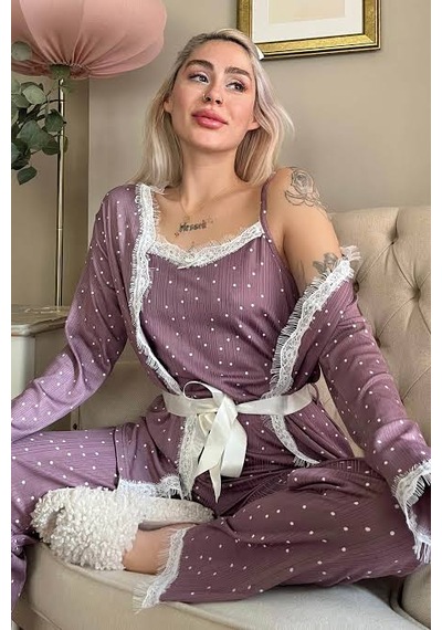 Dgestivaa Kadın 3'lü Pijama Takımı Mor Beyaz