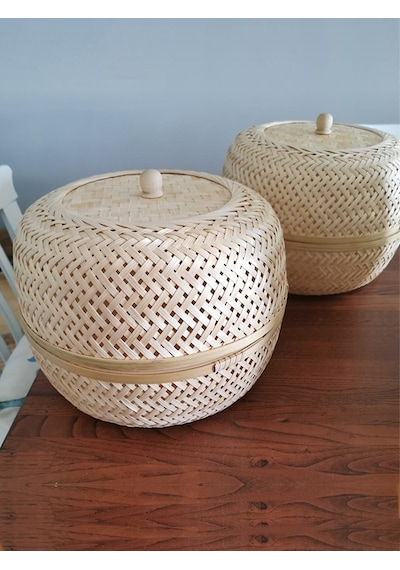Bohem Dekoratif Kapaklı Bambu Kutu, Sepet, Iskandinav, Modern, Bohem, Rattan Bej