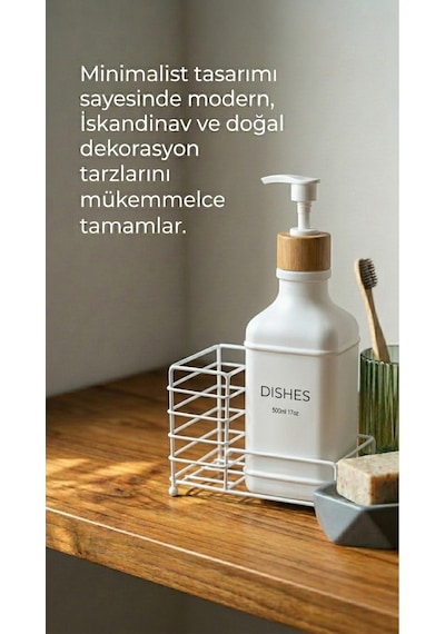 Makri Home Metal Stantlı Bambu Kapaklı Cam Sıvı Sabunluk/deterjanlık, 500 Ml, 15 8,5 23 Cm Beyaz