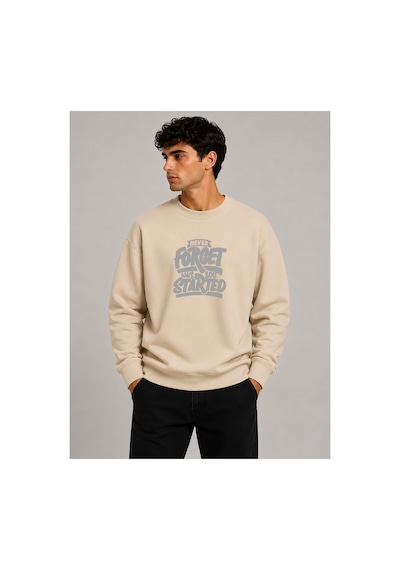 Herkesemoda Forget Started Baskılı Bisiklet Yaka Şardonlu 2 İplik Sweatshirt Bej