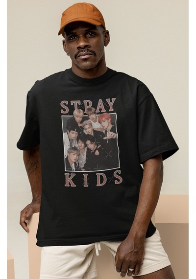 Sevbano Stray Kids Müzik Grubu Baskılı Unisex Oversize Tişört Siyah