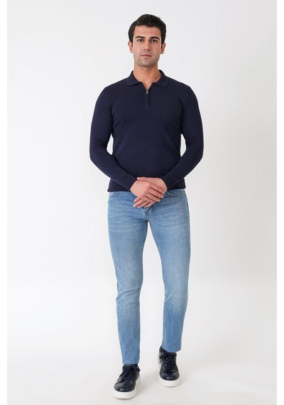 Slim Fit Esnek Pamuklu Fermuarlı Polo Yaka Lacivert Triko Tr 902