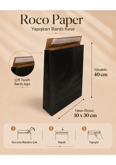 Yapışkan Bantlı Kraft Kese Kağıdı, Siyah Renk, 30x40x10 Cm - 24'lü Paket, Hediye Ve Kargo Zarfı