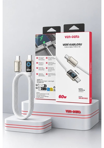 Ven-dens Vd-dc11cc 60 W Pd Type-c To Type-c Hızlı Şarj Ve Veri Kablosu, 1 Metre, Örgü, Beyaz