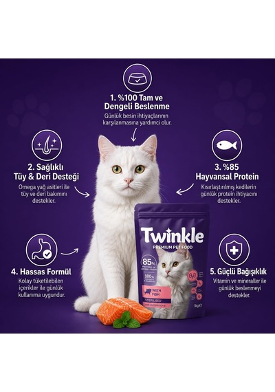 Twinkle Kısırlaştırılmış Kedi Maması 1 Kg - Balıklı Sterilised Kedi Maması -%85 Hayvansal Protein - Tam Ve Dengeli Beslenme - Böbrek Ve Üriner Sistem Desteği