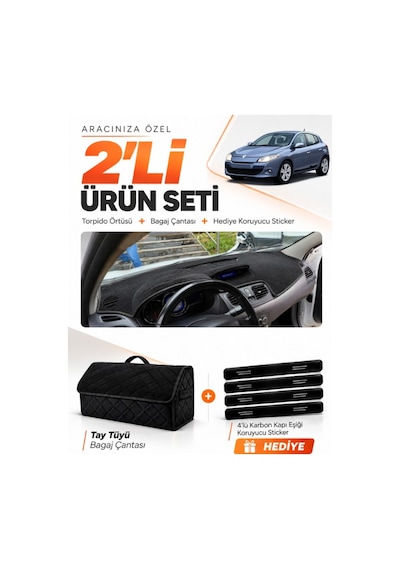 Renault Megane 3 Küçük Ekran 2008-2015 Uyumlu Torpido Örtüsü + Tay Tüyü Bagaj Çantası Seti - Siyah