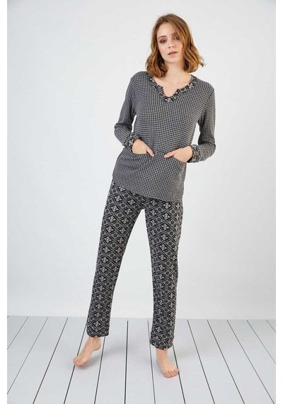 Sevim 13174 Kadın V Yaka Cepli Jakar Pijama Takım 001