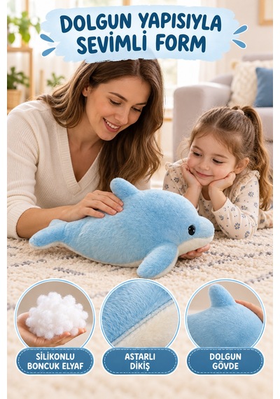 30 Cm Mavi Yunus Balığı Peluş Oyuncak Yumuşacık Sarılmalık Sevimli Deniz Hayvanı Çocuk Oyun Arkadaşı