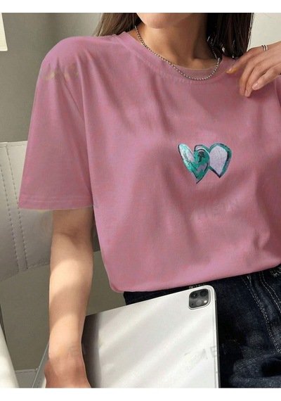 Flood Of Style Kadın Pembe Çift Kalp Baskılı Oversize