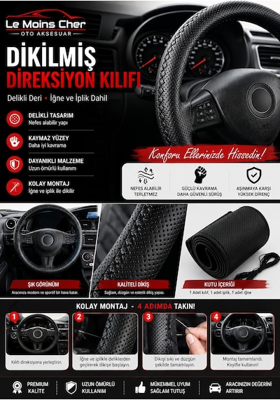 Fiat Egea Cross Lounge Siyah Deri Direksiyon Kılıfı Dikmeli Delikli İğne İplikli Kokusuz