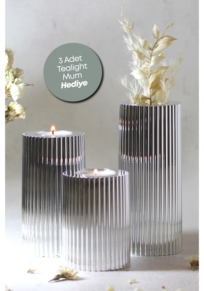 3 Lü Silver Gümüş Krom Tırtıklı Yüzey Mumluk Dekoratif Tealight