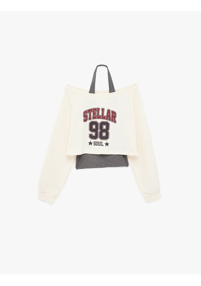 Koton Rahat Kalıp Uzun Kollu Boyundan Bağlama Detaylı Crop Baskılı Sweatshirt Ekru 6sal10378ık