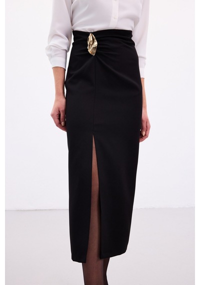 Sateen Gold Yan Aksesuarlı Etek - Siyah-136884 Siyah