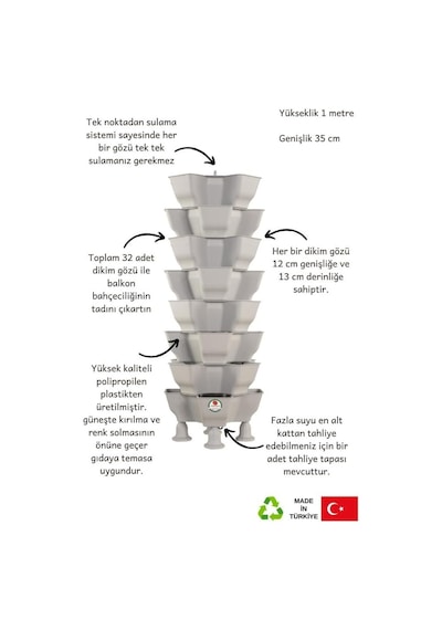 Yonca Bahçe Kulesi - Gri 6 Katlı Saksı Diğer