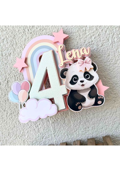 Panda Temalı Kız Çocuk Doğum Günü İsme Özel 3d Pasta Parti Süsü Cake Topper Çocuk