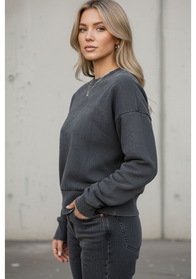Kadın Füme Bisiklet Yaka Taş Yıkama Pamuklu Rahat Kesim Sweatshirt - Kadın Sweatshirt Antrasit