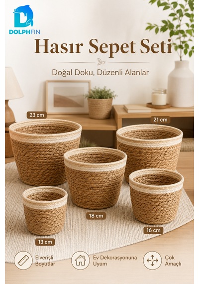 5 Li Hasır Sepet Seti Çok Amaçlı Dekoratif Düzenleyici Organizer Saksı Kılıfı