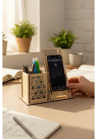 Kalemlik Ve Telefon Standı Geometrik Desenli Doğal Ahşap Açık Meşe Varsayılan