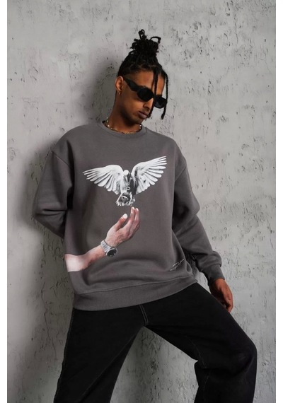 Erkek Güvercin Baskılı Sweatshirt - Gri Gri