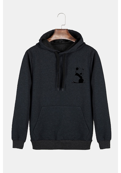 Unisex Antrasit Kapüşonlu Panda Baskılı Slim Fit Kanguru Cepli Sweatshirt Antrasit
